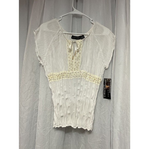 Separates Ny Tops - Vtg Separates Ny White Ruched Tie Beaded Blouse Boho Whimsical‎ Small Sheer Y2K